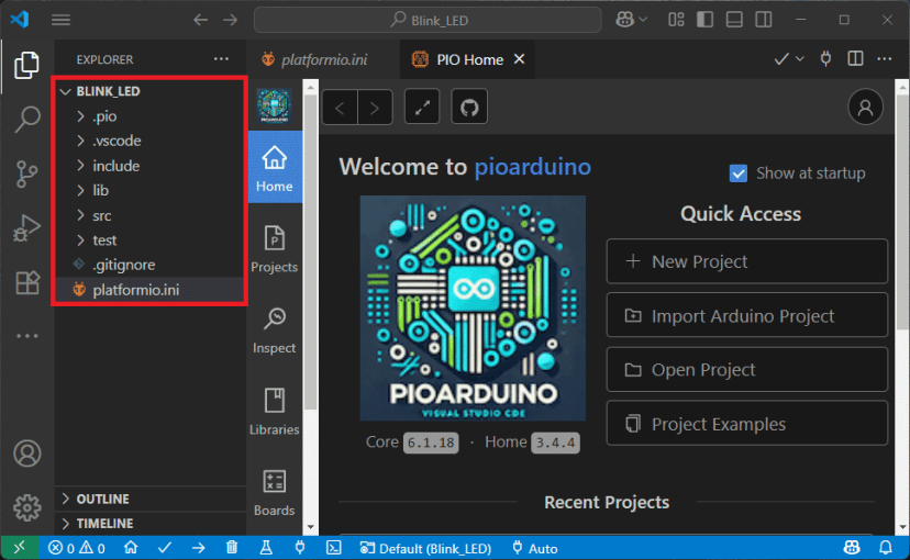 Расширение VS Code pioarduino IDE - новый проект создан