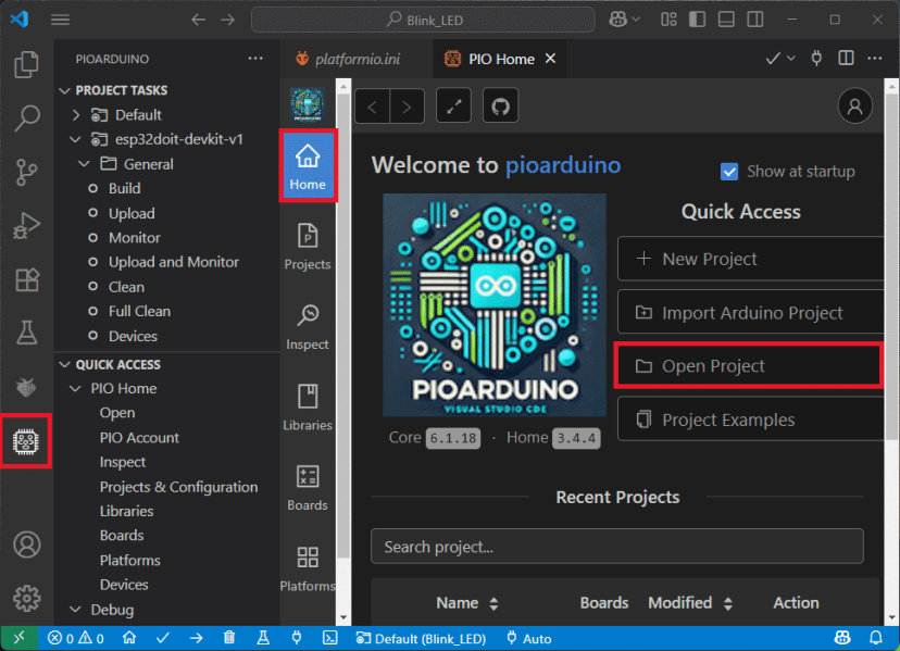 Расширение VS Code pioarduino IDE - открытие проекта