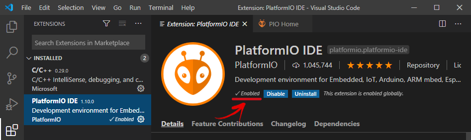 Расширение PlatformIO IDE включено в VS Code