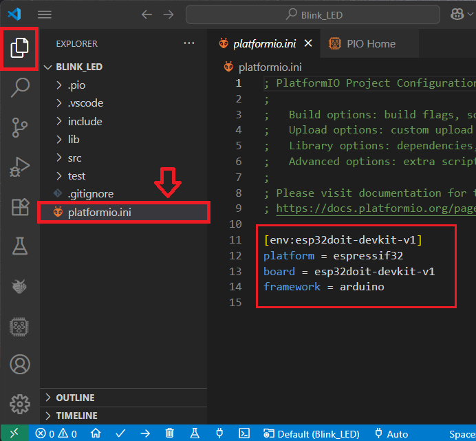 Расширение VS Code pioarduino IDE - файл platformio.ini по умолчанию