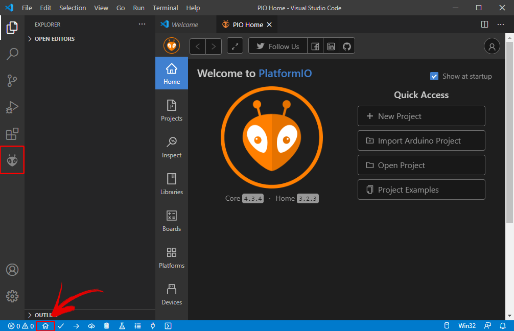 Расширение PlatformIO успешно установлено