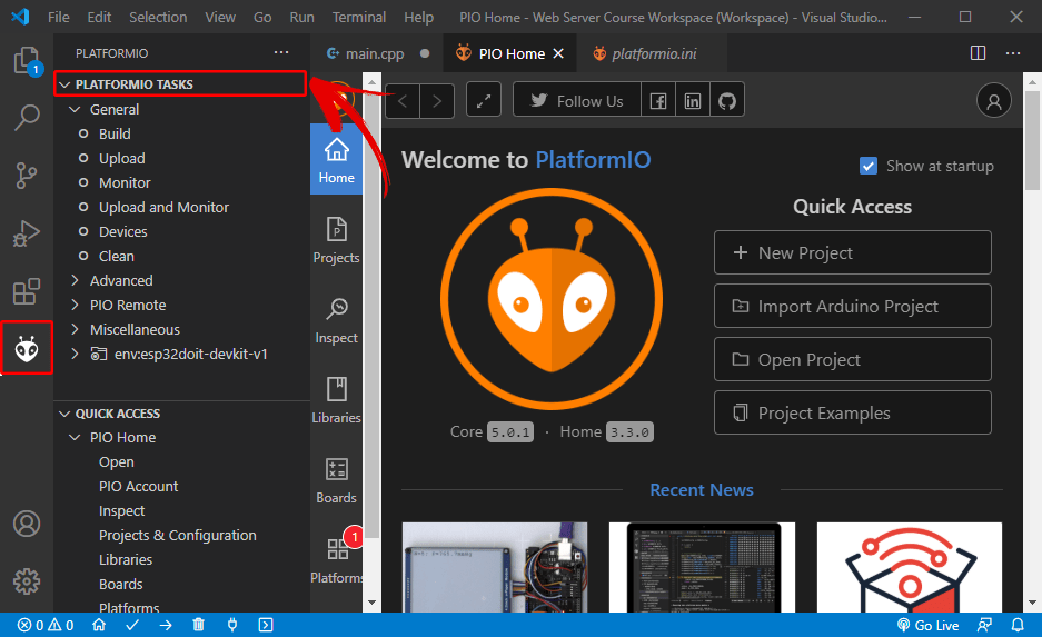 Меню задач расширения PlatformIO IDE