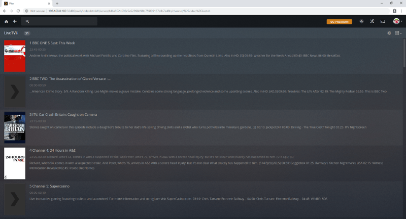 Просмотр потоков Plex LiveTVH