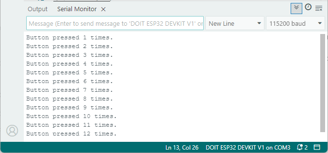 ESP32: обнаружение нажатий кнопки с прерыванием с подавлением дребезга -- результаты в Serial Monitor