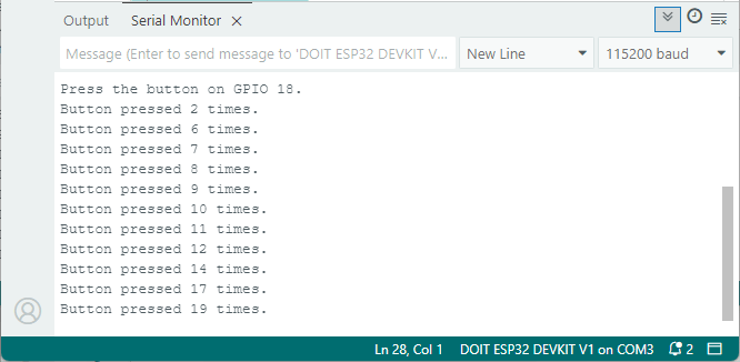ESP32: обнаружение нажатий кнопки с прерыванием без подавления дребезга -- результаты в Serial Monitor