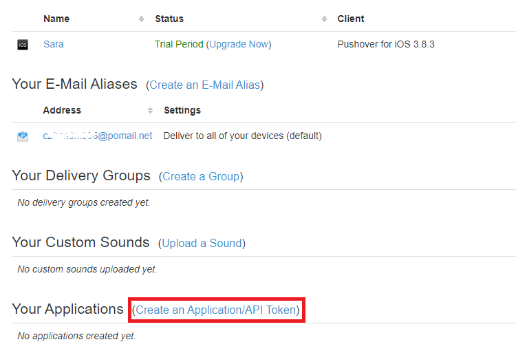 Pushover создание токена приложения API