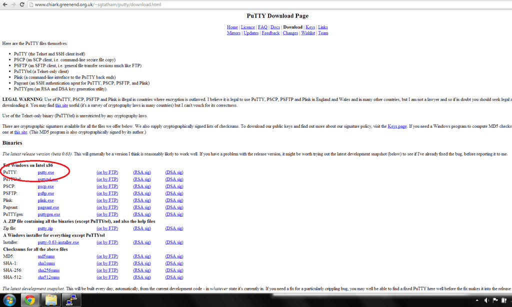Страница загрузки PuTTY