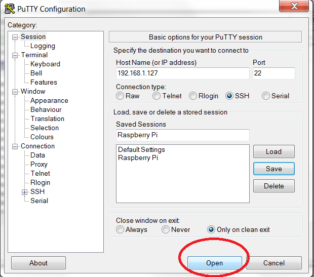 Кнопка Open в PuTTY