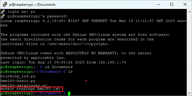 Raspberry Pi — список файлов в PuTTY