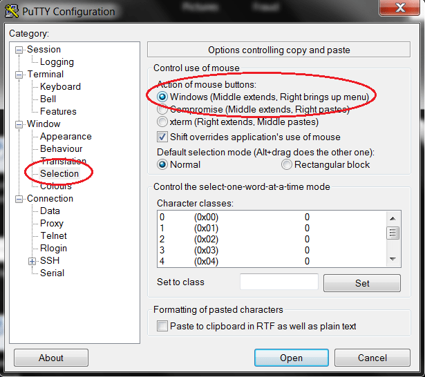 Настройки мыши в PuTTY