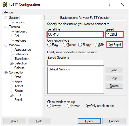 Настройка последовательной связи с платами ESP в PuTTY