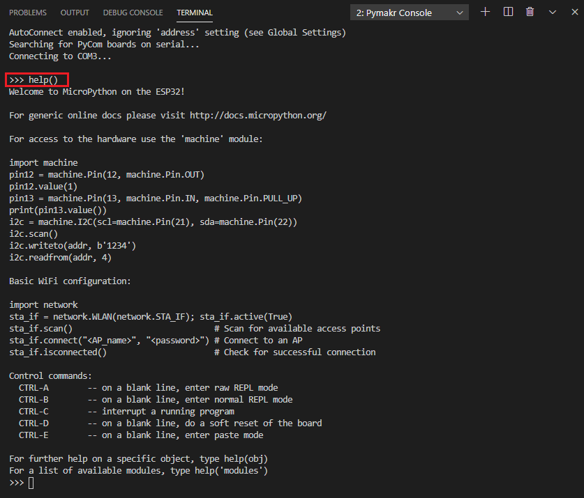 Pymakr — Команда help() на ESP32