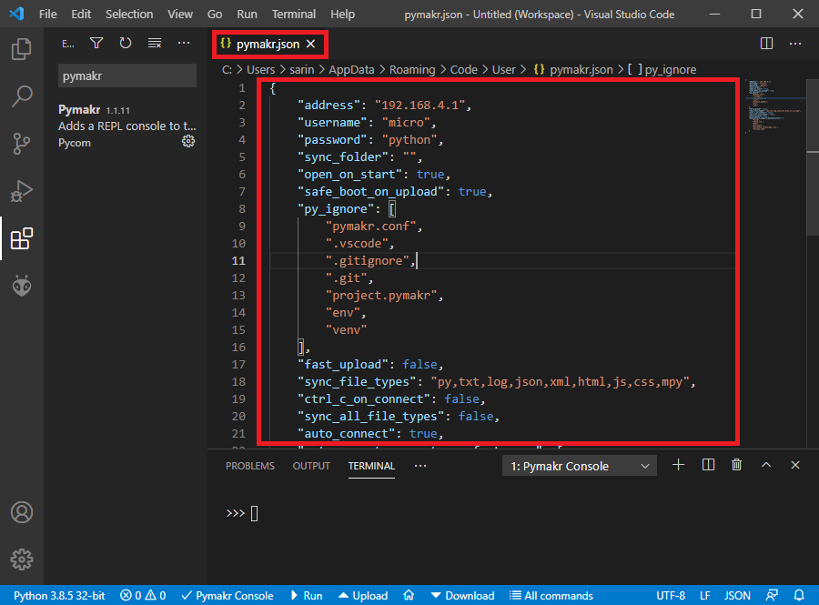Pymakr — Файл конфигурации