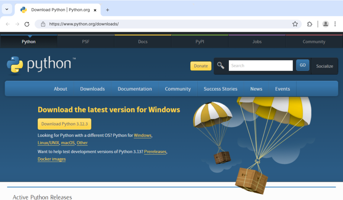 Страница загрузки Python