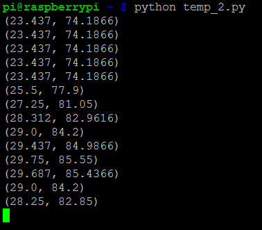 Вывод программы Python с показаниями температуры DS18B20+