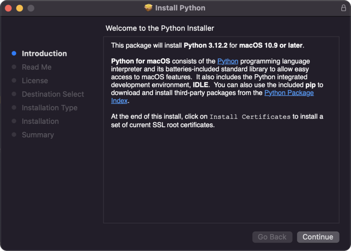 Запуск установщика Python для Mac