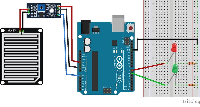 Схема подключения датчика дождя к Arduino с двумя светодиодами