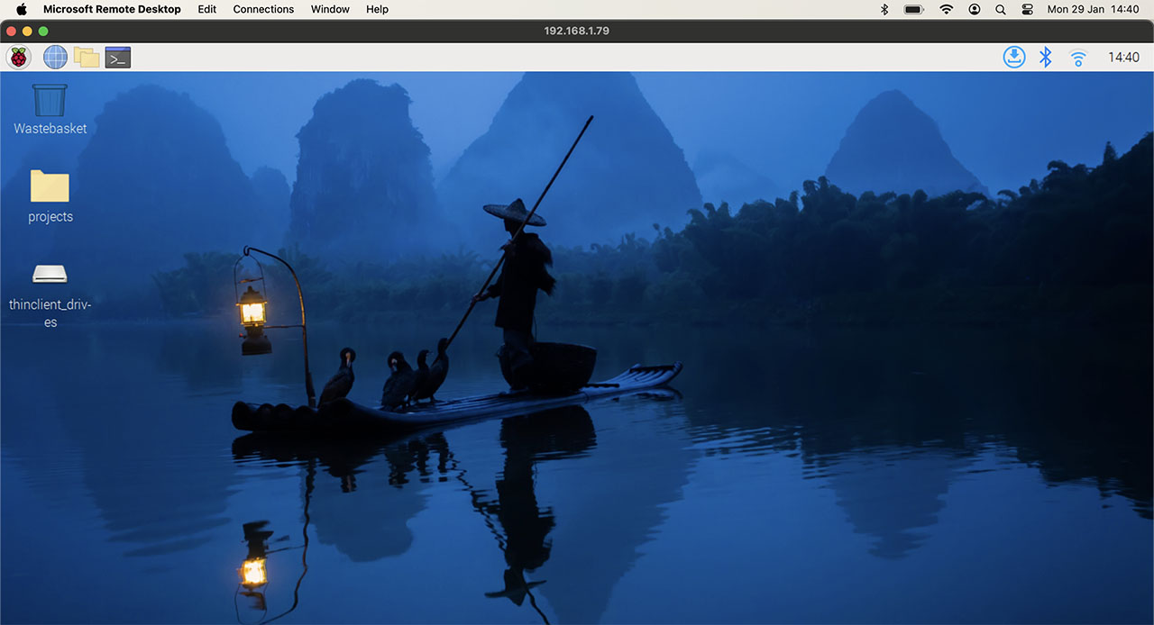 IP-адрес Raspberry Pi — установлено подключение к удалённому рабочему столу RDP Mac OS