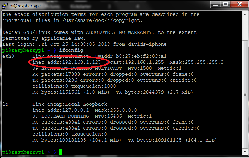 Вывод ifconfig на Raspberry Pi с IP-адресом