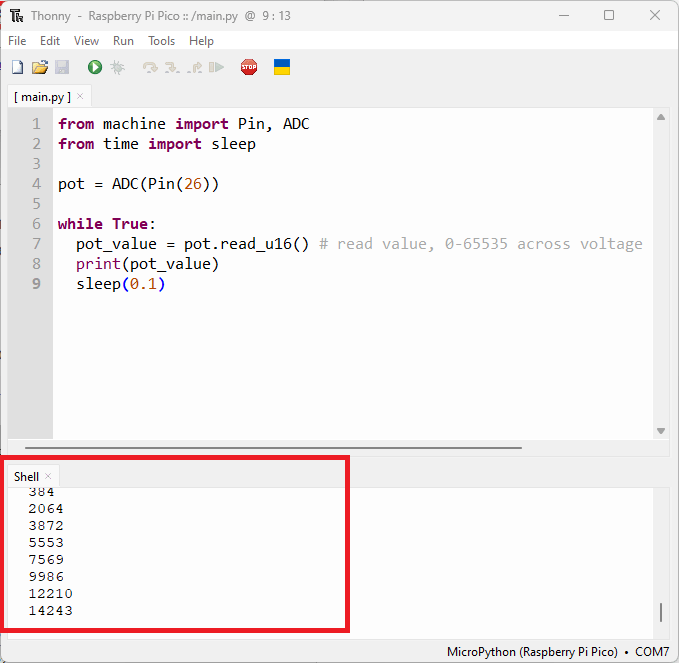 Raspberry Pi Pico чтение аналоговых значений в оболочке MicroPython