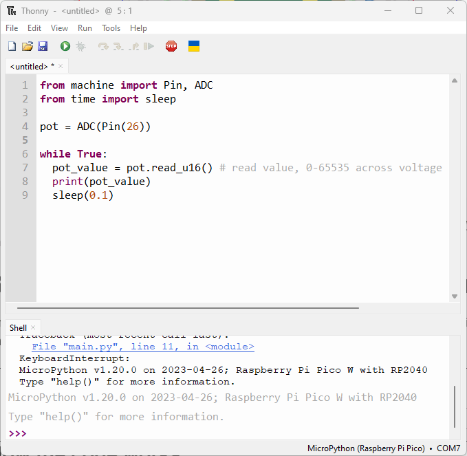 Thonny IDE Raspberry Pi Pico чтение аналоговых значений