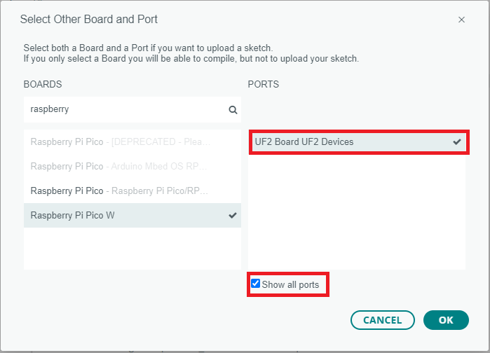 Arduino IDE 2 — выбор COM-порта Raspberry Pi Pico