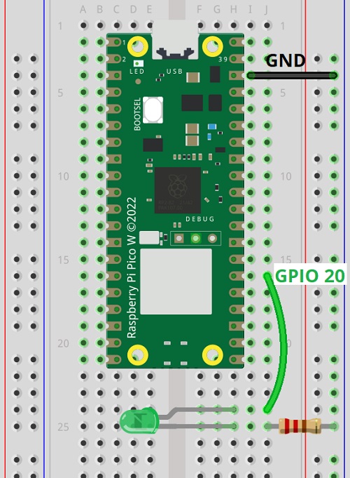 Схема подключения светодиода к GPIO 20 Raspberry Pi Pico
