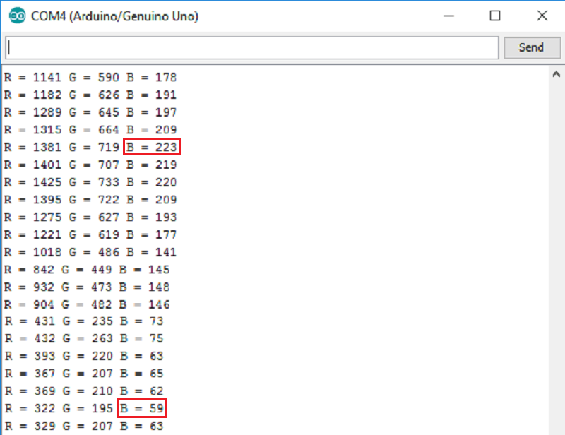 Показания монитора порта при считывании синего цвета