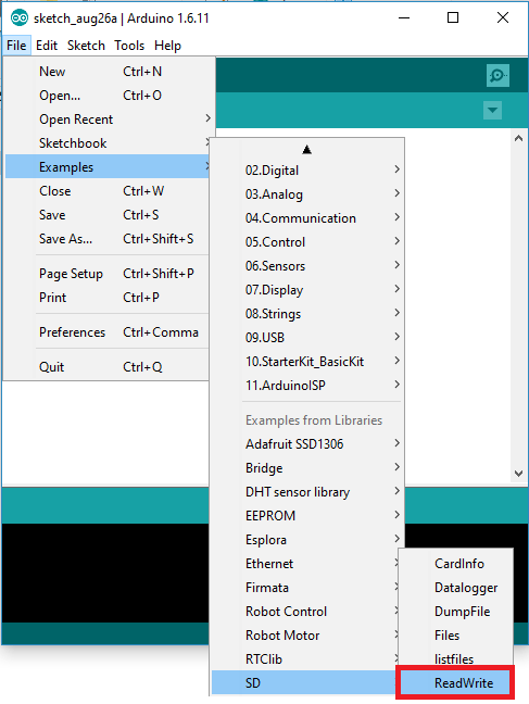 Пример ReadWrite в Arduino IDE