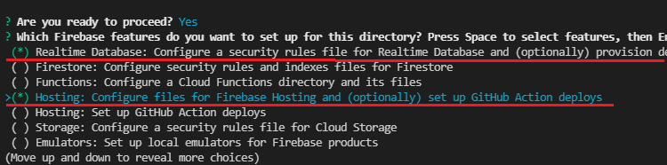 Параметры Realtime Database и Hosting
