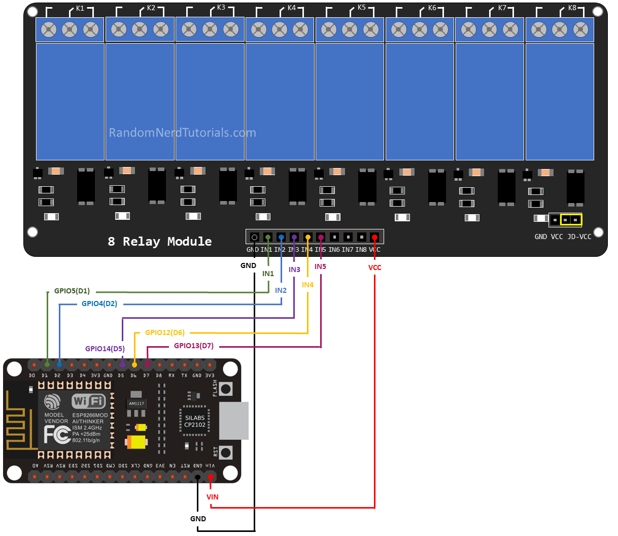 Схема подключения 8-канального модуля реле к ESP8266