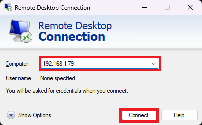 Программа Remote Desktop Connection — ввод IP-адреса Raspberry Pi