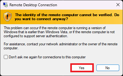Программа Remote Desktop Connection — подтверждение соединения кнопкой Yes