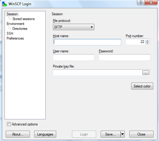 Окно подключения WinSCP