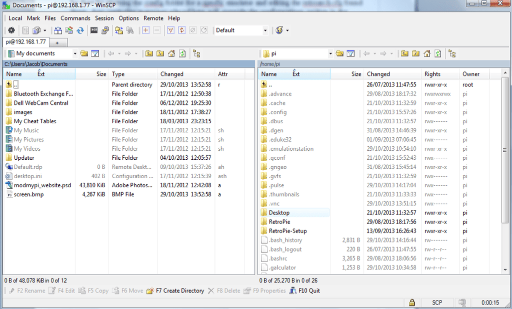 Файловый менеджер WinSCP с подключением к Pi