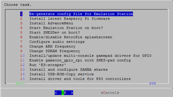 Вкладка Setup в меню RetroPie