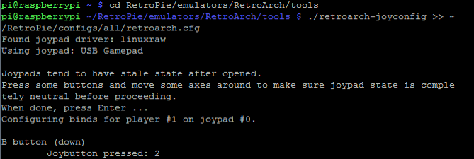 Процесс настройки контроллера retroarch-joyconfig