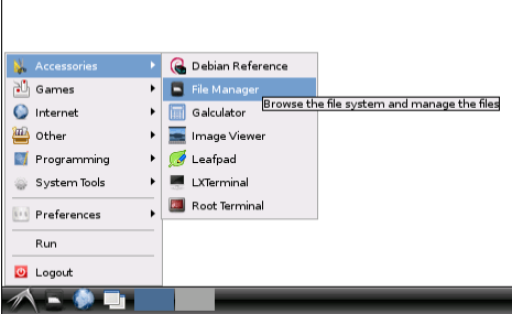 Рабочий стол LXDE с меню файлового менеджера