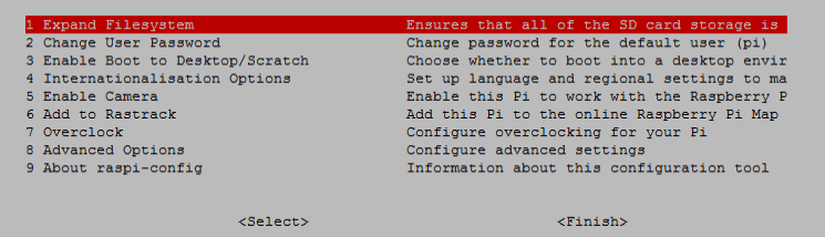 Меню конфигурации raspi-config