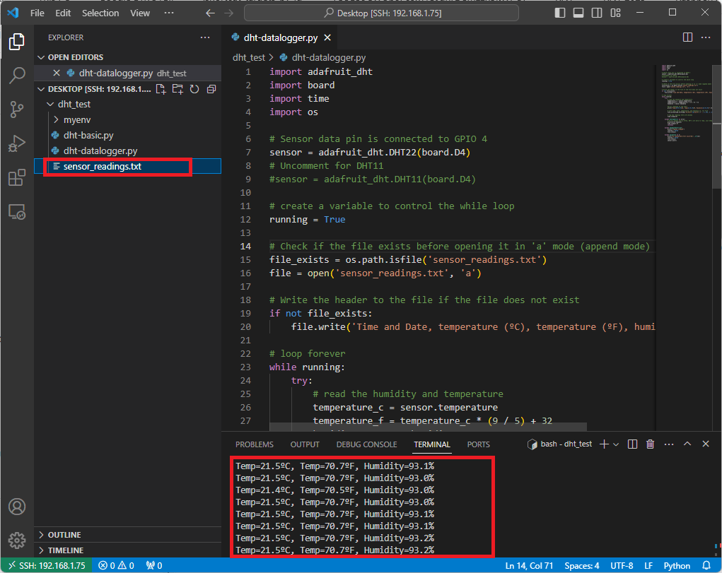 Регистратор данных Raspberry Pi в VS Code