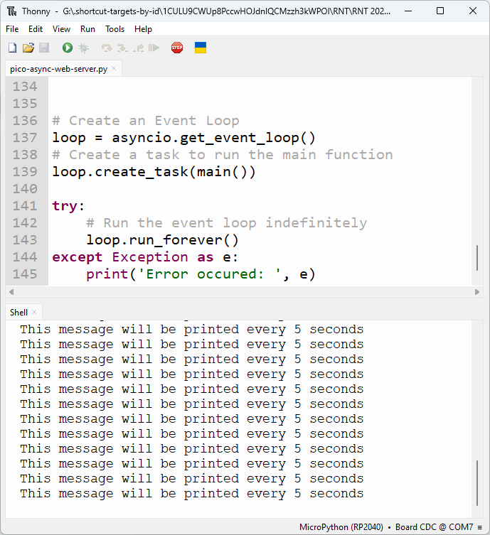 Тестирование асинхронного веб-сервера Raspberry Pi Pico W - загрузка и запуск скрипта
