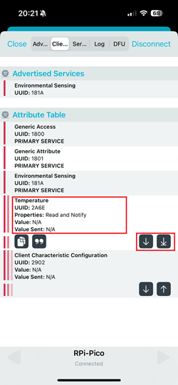 RPi Pico как BLE-устройство -- чтение характеристики Temperature в приложении nRF Connect
