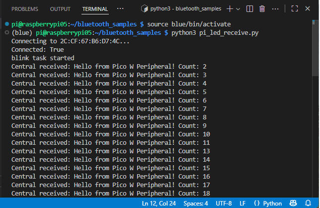 Raspberry Pi получает BLE-сообщения от RPi Pico - окно терминала