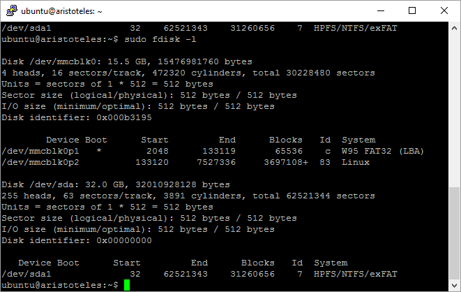 Вывод fdisk -l с разделами SD-карты и флешки