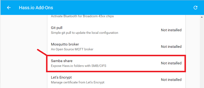 Выбор дополнения Samba share
