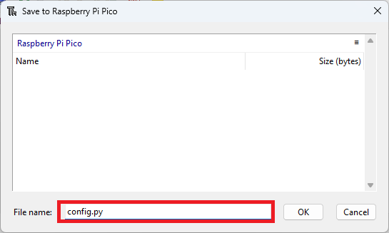 Сохранение файла config.py в файловой системе Pico в Thonny IDE