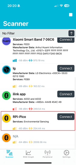 Сканирование RPi Pico -- BLE-устройство в приложении NRF Connect