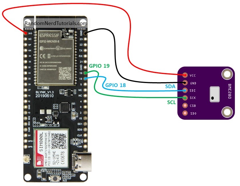 TTGO T-Call ESP32 SIM800L с BME280 — схема подключения