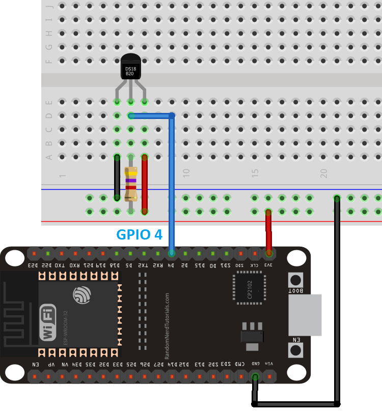 Схема подключения датчика температуры DS18B20 к ESP32 в нормальном режиме