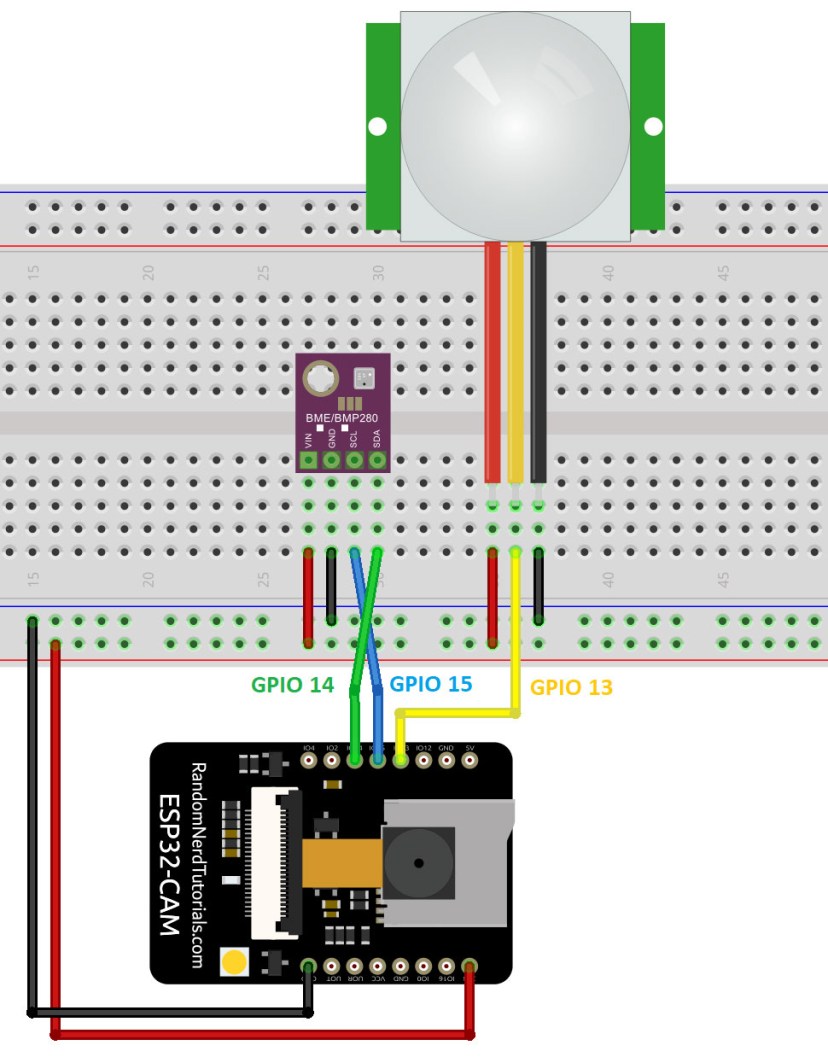 Принципиальная схема подключения ESP32-CAM с BME280 и PIR-датчиком движения